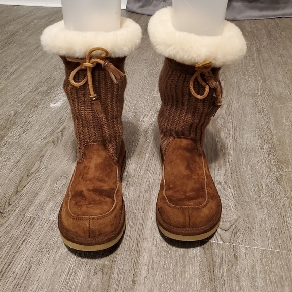 Ugg Suburb Chocolate Brown Suede Leather Shearling Crochet Boots Woman's 7 - Picture 3 of 13